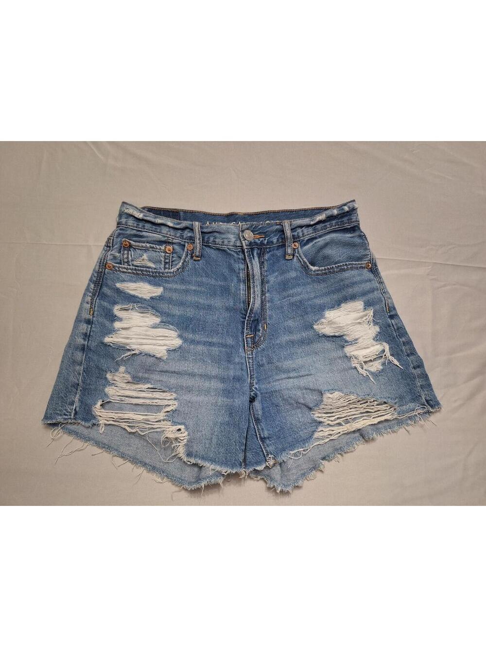 American Eagle 90s Boyfriend Denim Shorts Distressed Frayed Medium Wash Size 0